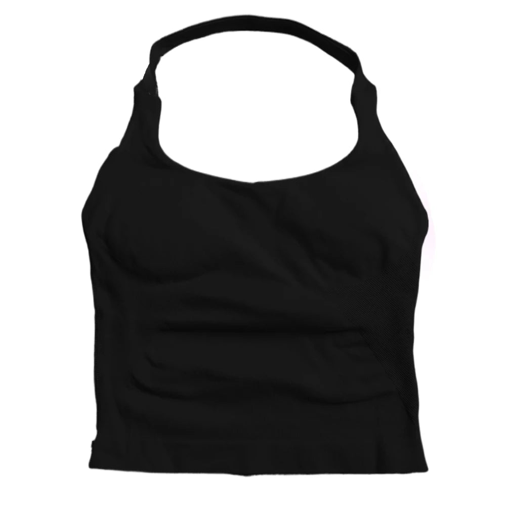 Top de gimnasio para mujer, ropa de entrenamiento con tiras, camiseta sin mangas, Sujetador deportivo acolchado, camisas de Yoga sin espalda, Top corto de gimnasia sin costuras, chaleco de Fitness con cuello Halter
