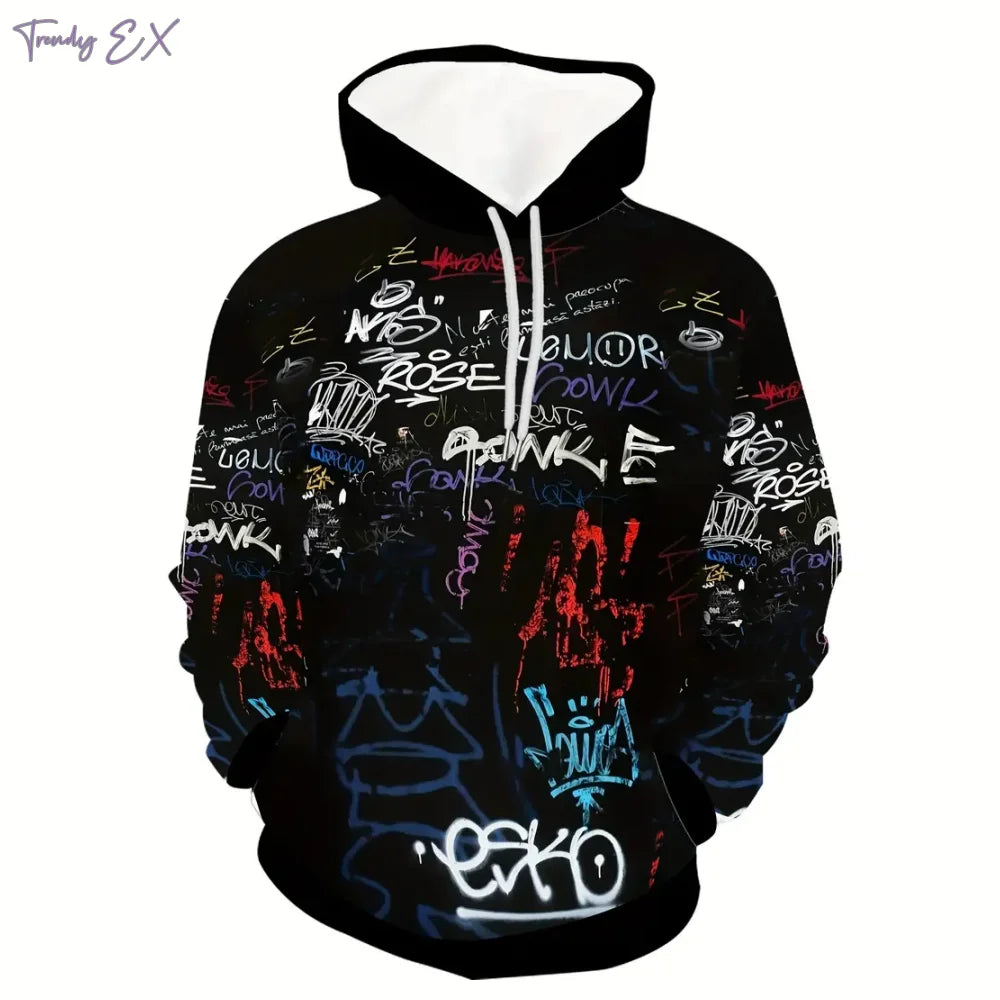 Sudadera con capucha con estampado de Graffiti para hombre, ropa deportiva de manga larga con bolsillo de canguro, de gran tamaño, informal, a la moda