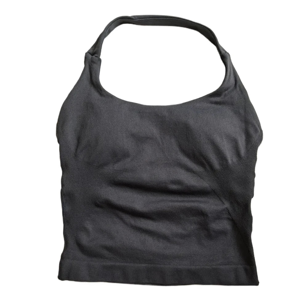 Top de gimnasio para mujer, ropa de entrenamiento con tiras, camiseta sin mangas, Sujetador deportivo acolchado, camisas de Yoga sin espalda, Top corto de gimnasia sin costuras, chaleco de Fitness con cuello Halter