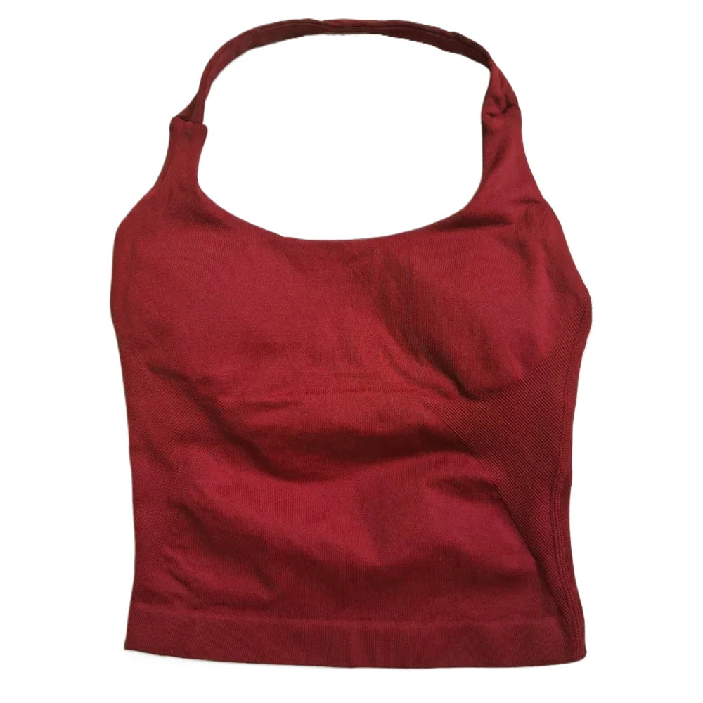 Top de gimnasio para mujer, ropa de entrenamiento con tiras, camiseta sin mangas, Sujetador deportivo acolchado, camisas de Yoga sin espalda, Top corto de gimnasia sin costuras, chaleco de Fitness con cuello Halter