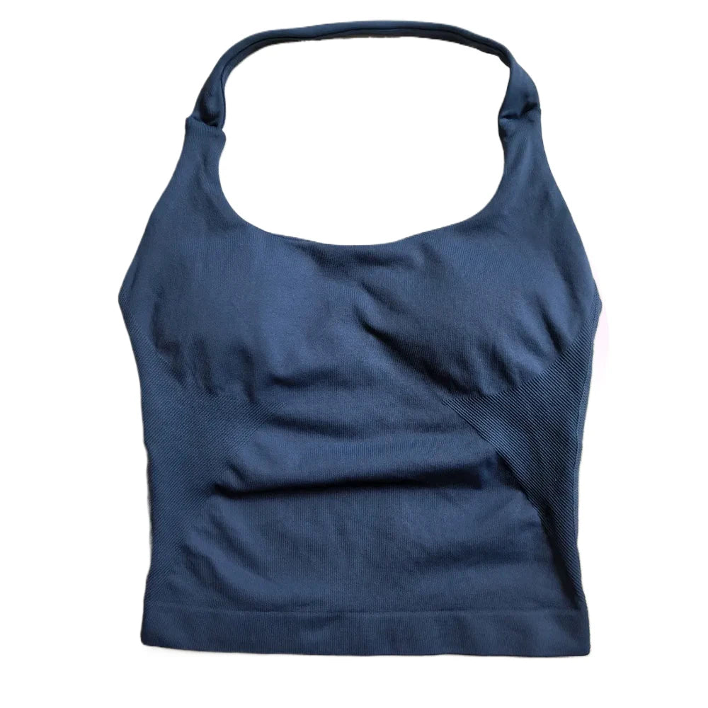 Top de gimnasio para mujer, ropa de entrenamiento con tiras, camiseta sin mangas, Sujetador deportivo acolchado, camisas de Yoga sin espalda, Top corto de gimnasia sin costuras, chaleco de Fitness con cuello Halter