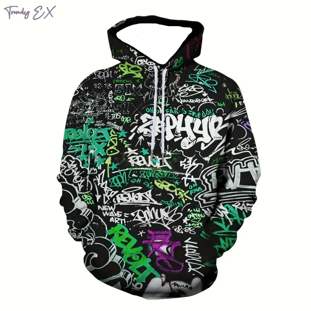 Sudadera con capucha con estampado de Graffiti para hombre, ropa deportiva de manga larga con bolsillo de canguro, de gran tamaño, informal, a la moda