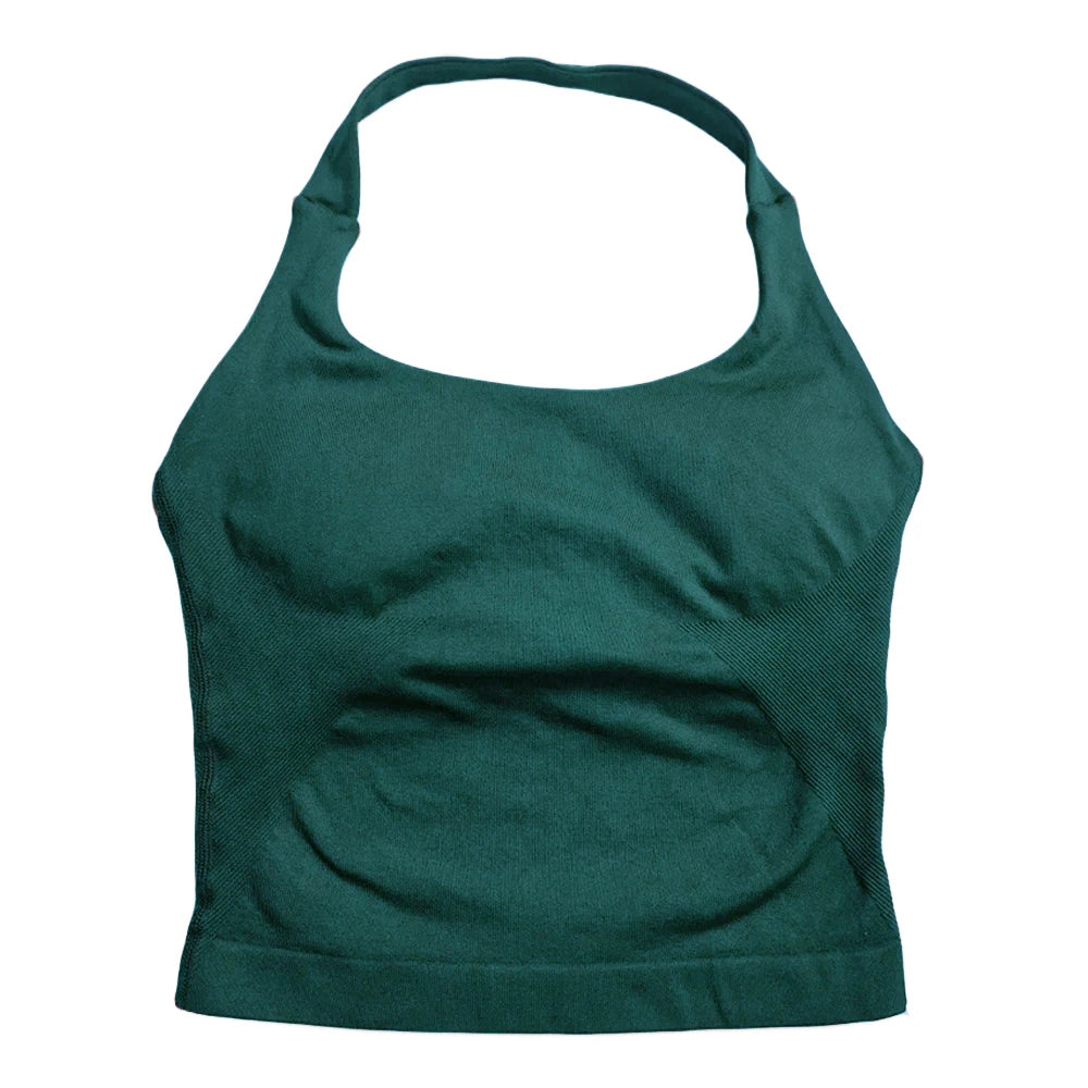 Top de gimnasio para mujer, ropa de entrenamiento con tiras, camiseta sin mangas, Sujetador deportivo acolchado, camisas de Yoga sin espalda, Top corto de gimnasia sin costuras, chaleco de Fitness con cuello Halter