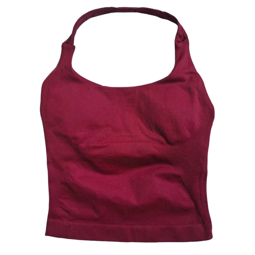 Top de gimnasio para mujer, ropa de entrenamiento con tiras, camiseta sin mangas, Sujetador deportivo acolchado, camisas de Yoga sin espalda, Top corto de gimnasia sin costuras, chaleco de Fitness con cuello Halter