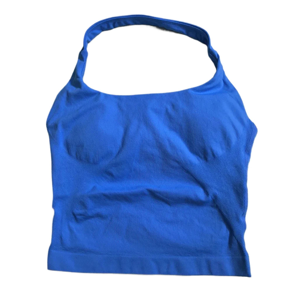 Top de gimnasio para mujer, ropa de entrenamiento con tiras, camiseta sin mangas, Sujetador deportivo acolchado, camisas de Yoga sin espalda, Top corto de gimnasia sin costuras, chaleco de Fitness con cuello Halter